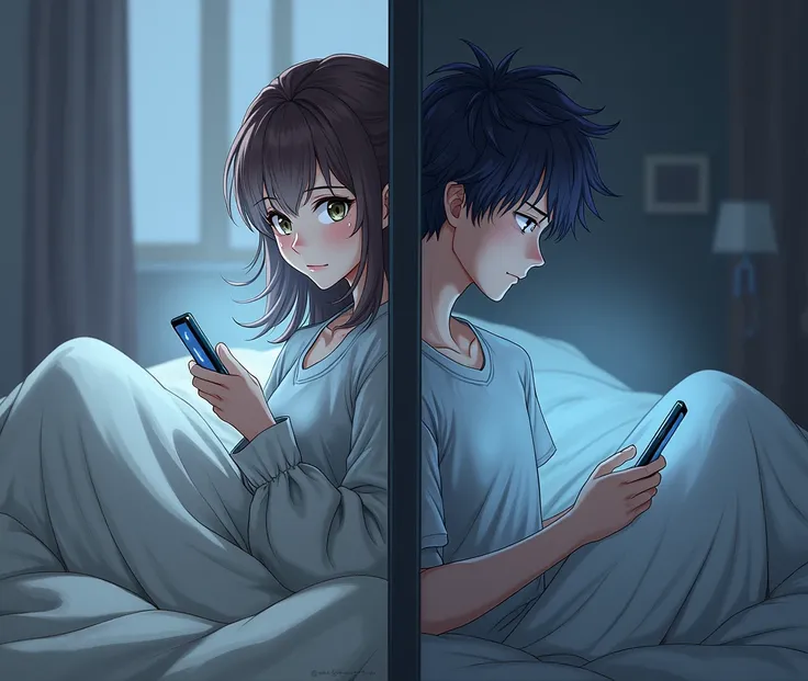 "A split-screen image showing a adult woman and a adult man in their respective beds at night. The girl on the left has brown hair and brown eyes, with tears in her eyes as she looks sadly at her phone. The boy on the right has dark hair and green eyes, lo...