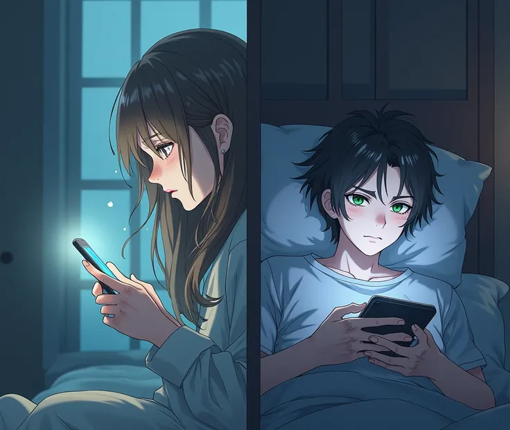 "A split-screen image showing a adult woman and a adult man in their respective beds at night. The girl on the left has brown hair and brown eyes, with tears in her eyes as she looks sadly at her phone. The boy on the right has dark hair and green eyes, lo...