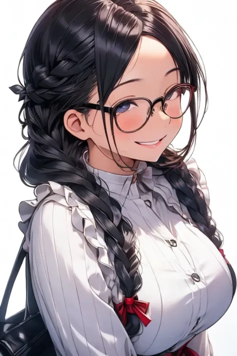 (high quality, High resolution, The finer details), Sidewalk, Side view, alone, girl, Braids, , Shining Eyes, (large round frame glasses), (Beautiful Eyes), Big Breasts, ((A kind smile)), , Sweaty、 Oily skin, (Focus plane), Shallow depth of field,Shadowy F...