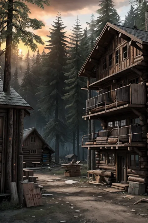 A small post apocalyptic community, IN THE MIDDLE OF A FOREST, with its wooden buildings and cabins, in a lake within the community, the community is all fenced and walled with wooden walls and logs. and barbed wires, log stake barricades at the main entra...