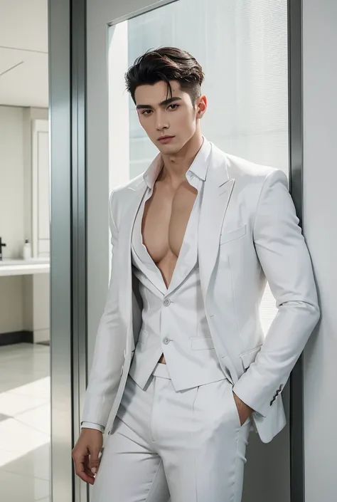 Beside a pristine pool at a modern villa, a tall, muscular man with smooth, flawless white skin stands in a perfectly tailored white suit. His shirt is partially unbuttoned, revealing his powerful, sculpted chest beneath the crisp fabric. His short hair is...