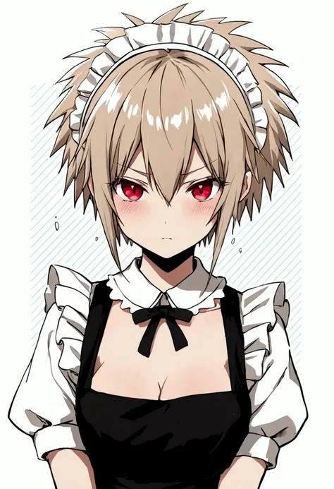 1 girl with spiky ash blonde hair, Ruby red eyes with a blushing expression wearing a maid outfit 