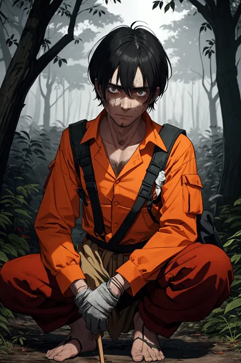 man dressed in orange prisoner uniform both shirt and pants, with an improvised wooden spear in his hands, some bandages on the hands rolled up like gloves, a cloth tied together like an improvised backpack, he is hidden behind a tree, a forest, and around...