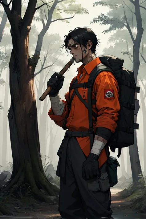 man dressed in orange prisoner uniform both shirt and pants, with an improvised wooden spear in his hands, some bandages on the hands rolled up like gloves, a cloth tied together like an improvised backpack, he is hidden behind a tree, a forest, and around...