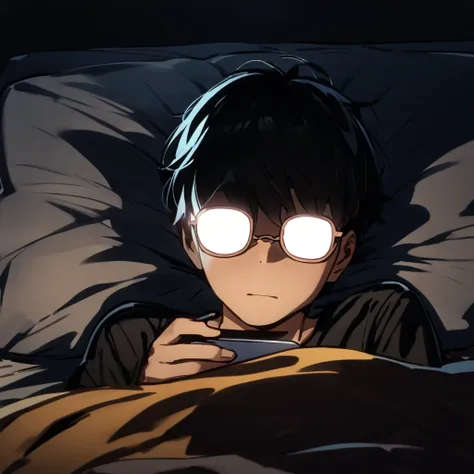 man, round glasses, laying in bed, looking at his phone, screen illuminates his face, night, no lights on, nerdy, simple, nerdy,...