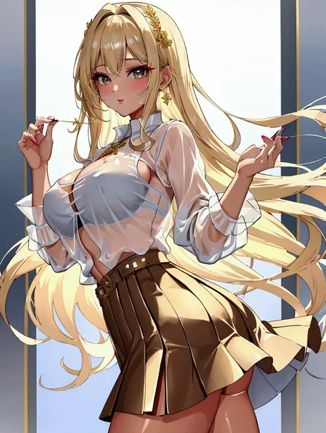 Best Quality, masterpiece, Ultra-high resolution, female、Medium to large breasts、Medium、美少female、Moe、bra、A slightly see-through white shirt、Skirt too short、Brown-skinned blonde gal、Tanned skin、Gal Makeup、Flashy makeup、Nail