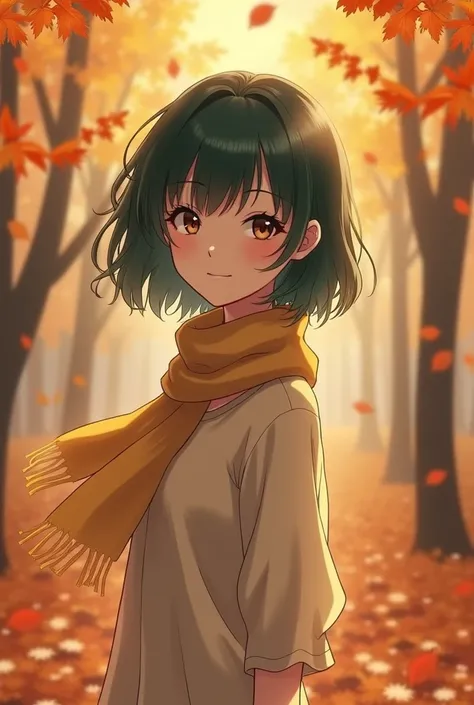 The background is autumn leaves、Dark green short hair、Women around 20 years old、She is wearing a cream-colored dress with a scarf.、