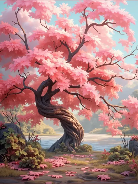 ultra-detailed concept art of a fantastic tree with pale pink leaves, detailed tree branches, hazy background, soft lighting, ethereal atmosphere, delicate colors, serene landscape, dreamlike scene, natural beauty, botanical illustration, impressionistic s...