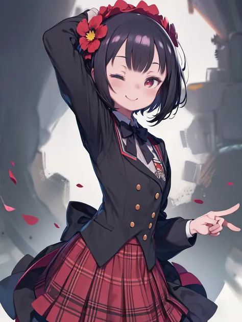 masterpiece of the highest quality, so beautiful, Absurd, One girl, Mizuno Ai, Zombie Land Saga, Black Hair, Red eyes, flower, hair flower, collared shirt, Black jacket, , Blue bow tie, Yellow vest, Plaid skirt, Dutch Angle, Mouth closed, smile, Pointing, ...