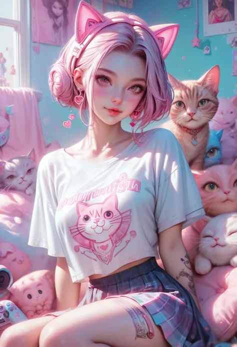 photorealistic, high resolution, soft light,1women, audult, solo, hips up, shining skin, (detailed face), jewelry, tattoo, cute girl, pink headphone, cat ears on headphone, gamer, t-shirt, off-shoulder, skirt
