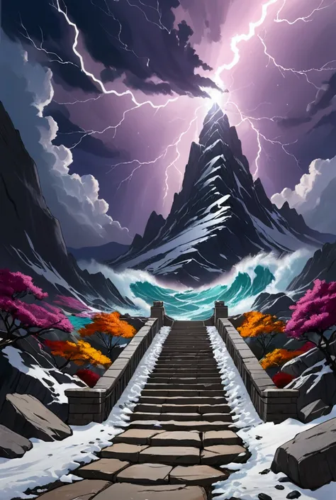 colored sketch,A stone staircase at the end of the stargate circuit, on the right side strong waves, on the left side a rocky mountain with snow on top, sky with big dark clouds with lightning coming out of them and above the cosmic, vivid colors