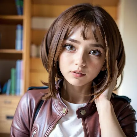 Best quality, Face focus, Soft light, Ultra high resolution, (Photorealistic:1.4), RAW Photo, 1 girl, Ochaco Uraraka, alone, cute, (female student, highlights in eyes, giant rounded eyes), Beautiful and detailed face, (Small chest), (High resolution detail...