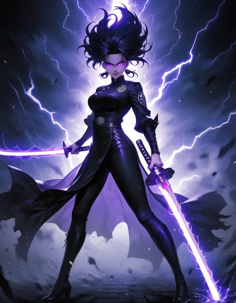 epic anime style, purple lightning, evil temperament, 1 female shadow assassin, glowing black aura, shadow supervisor, handsome ...