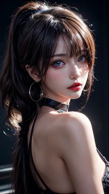 Hair above one eye, Red eyes, Clear Eyes, Choker, open jacket壁に向かってShineing tattoos, Shine, Neon Light, Black Light,Anime Style, movie portrait photography, 1 female, 22 years ago, Esbian all over body,Blue Eyes Background, Big and ample breasts, anger, (H...