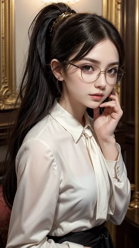 Create an realistic illustration of a stylish young woman with a sophisticated anime-inspired look. She has long, dark hair tied in a high ponytail and wears glasses with thin, round frames. Her expression is playful and slightly mischievous, with her fing...