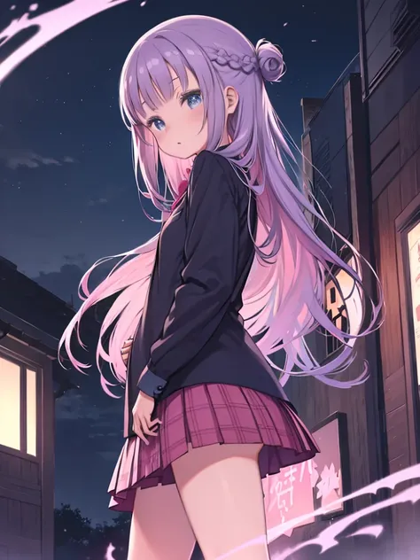 1 girl,atsuko/Blue Archive Pink/Purple Hair,blue eyes,Double Braid Hair,Pink Garden School,,Uniform,Skirt Pink, During pregnancy,,at night,