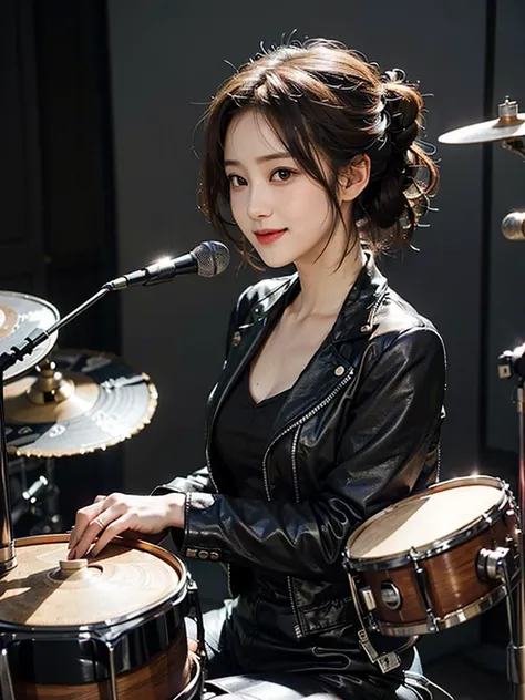 Best Quality, One girl, ((Playing the drums))，Rock Band，((X JAPAN)),((YOSHIKI))，accessories，Leather clothing，smile,((Fancy hairstyle))，Short Hair，Updo