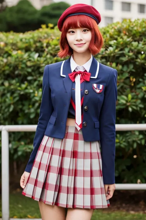 high school girl, portrait, front view, red hair, bob cut, red eyes, navy blue beret, navy blue jacket, red bow tie, light gray flared skirt, 150 cm height