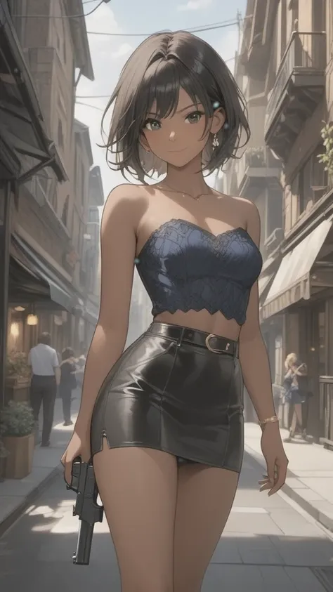 (((adult woman)): (small black skirt, strapless blue top, black eyes, showing the whole body, brown skin color, black short hair...