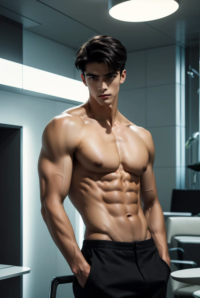 A strikingly handsome, tall, lean man with smooth white skin and a defined chest stands confidently in the center of a futuristic lounge with sleek chrome furniture and glowing neon lights. His short, cropped hair is impeccably styled, framing his sharp ja...