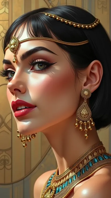 Naughty Face, Smiley, Art Deco, Abstractionism, Super Detailed, Best Quality, Detail, High Quality, Blonde Hair, Black Hair, Solid Circle Eyes, Multiple Views, Depth Of Field, Motion Lines, Chiaroscuro, Artistic, Rococo Stunning illustration of Cleopatra, ...