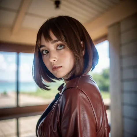 Best quality, face focus, soft light, ultra high resolution, (photorealistic:1.4), RAW photo, 1 girl, full body, Ochaco Uraraka, alone, cute, (female student, highlights in eyes, giant rounded eyes, blue color), beautiful and detailed face, (big chest), (H...