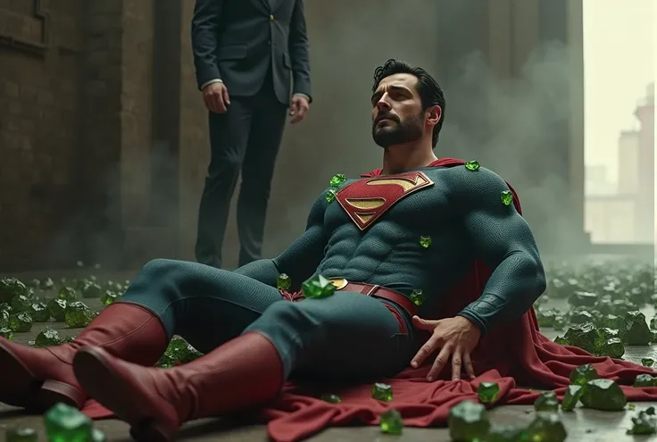 Henry Cavill attractive, muscular, with short beard and short dark hair, Dressed in a torn Superman suit, red belt and red boots, The suit has bright green crystals nailed in it, lies on the floor almost unconscious, sore, with eyes closed, On the floor ne...