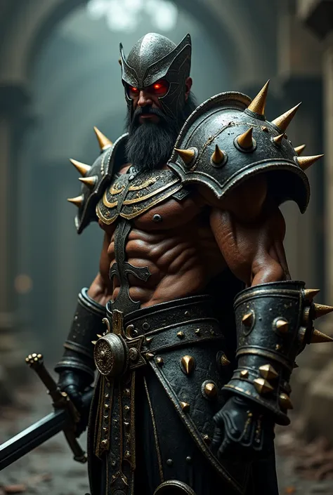 a barbarian knight,black and gold latex suit,highly detailed metal armor,spiked armor,glowing red eyes,menacing expression,muscular body,sword in hand,dramatic lighting,cinematic composition,dark fantasy,dark moody atmosphere,chiaroscuro lighting,cinematic...