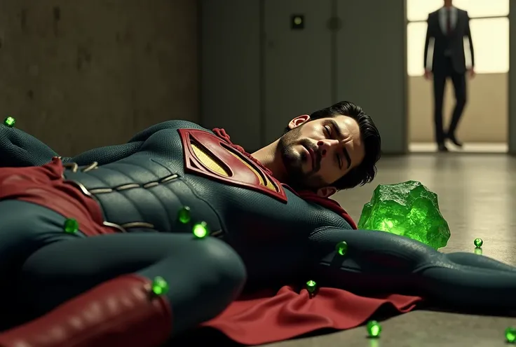 Henry Cavill attractive, muscular, with short beard and short dark hair, Dressed in a torn Superman suit, red belt and red boots, The suit has bright green crystals nailed in it, lies on the floor almost unconscious, sore, with eyes closed, On the floor ne...