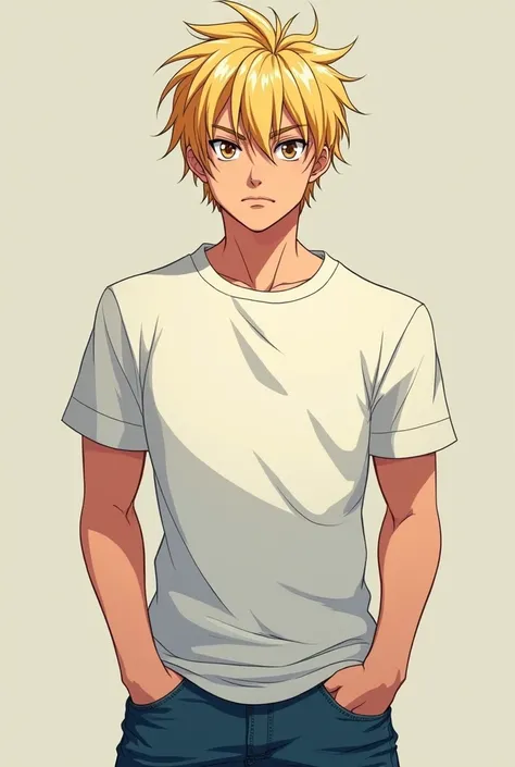 chico, like , straight light blonde hair, brown eyes, wear casual clothes, he looks like a conceited person. anime style.