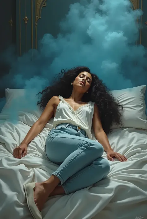 Fantasy image with more than wonderful details of a beautiful Moroccan woman with long curly black hair, sleeping on the bed, wearing jeans, and white shoes, the viewer is looking at her from above, there is blue smoke in the background, the image is well ...