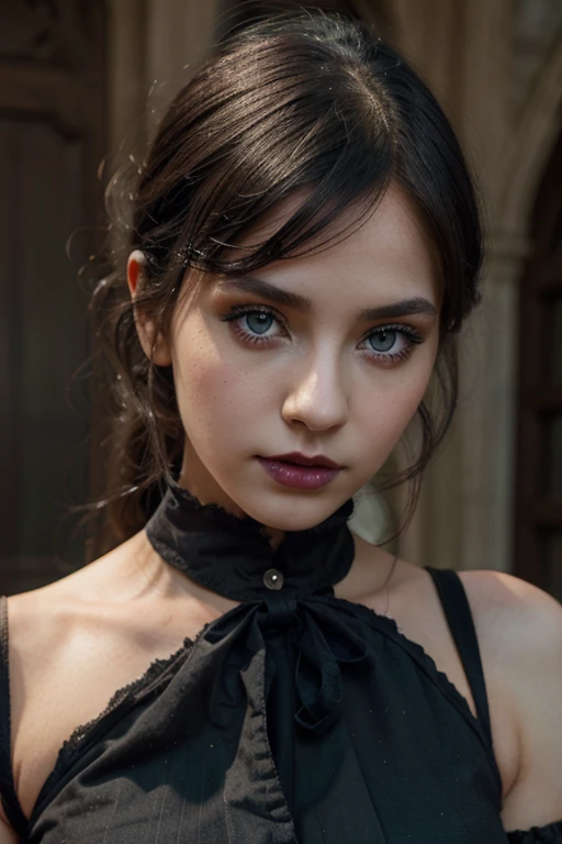 gothic girl in period clothes with blue green eyes, dark brown black hair, very white skin, red purple lips