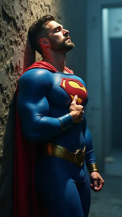 1man, muscular male wear a superman suit, blue outfit with red and gold accents, 30 years old，small beard, Sexy and charming expression，gloomy eyes，Blue eyes, leaning against a wall, in the middle of a dungeon, sore, with one hand on the chest, eyes closed...