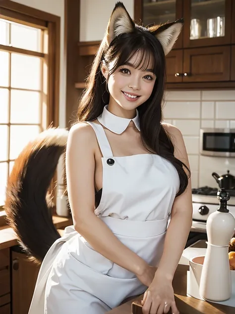 ((Best Quality, 8k)), ((masterpiece)), (Highest Resolution), Perfect Face, Woman with fox ears, Woman with a tail, Beautiful woman, She is a maid, It was taken in the kitchen, Only one tail, She has thick thighs, Her big fox tail, I can see her fox tail, S...