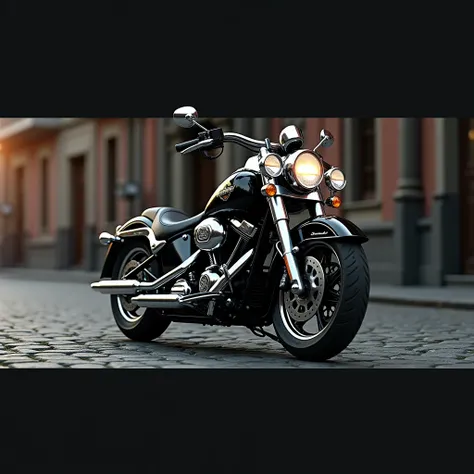 Картинка в 3D. harley davidson Bike. classic style. black color and white steel. Стоящий на брусчатке посреди улице во время восхода солнца.