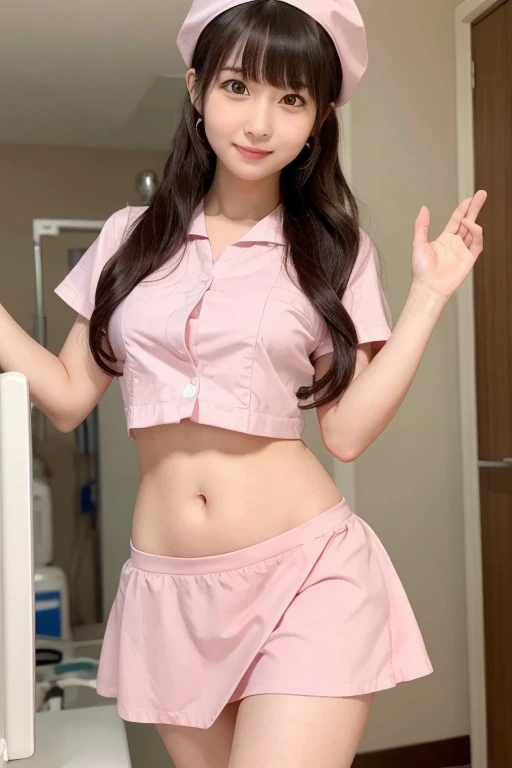 ((Best Quality, 8k)), Beauty, Japanese girl, nurse, whole body, Perfect Anatomy, Standing, ((Belly button))、Black Hair, Cute inward curled hairstyle with blunt bangs, 20 years old, Face Focus, Detailed face, Detailed lips, Beautiful Eyes, Sweaty skin: 1.2,...