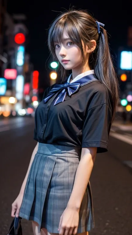 (8k, RAW Photos, masterpiece:1.3), (Realistic, photo-Realistic:1.37), (night), (View your audience:1.331), (Gray Hair), stop temporarily, Tokyo Street, nightcityscape, Cyberpunk City, Soft Light, One Girl, Very beautiful face, bust, Put your hands down., R...