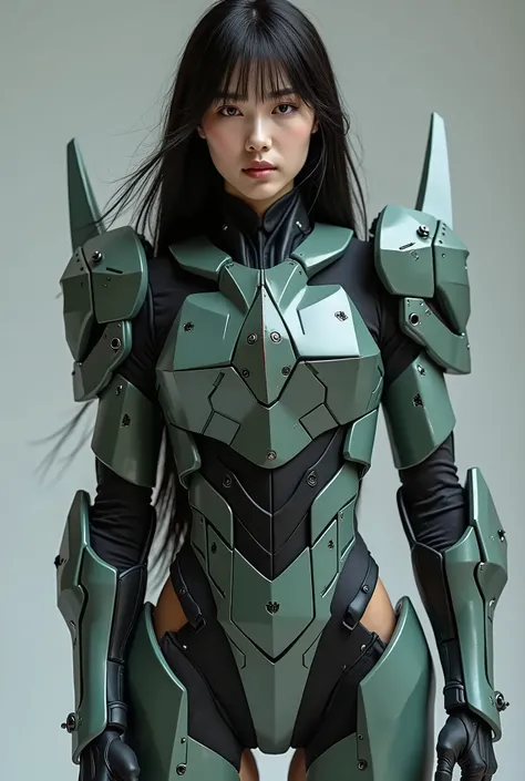 live-action、Real、Gundam-designed exoskeleton、Official body color、Very beautiful Japanese girl、Black Hair、Straight Long Hair、Hime cut、Gundam design helmet、Official Shield Equipment、Simple Background、masterpiece、Best Quality
