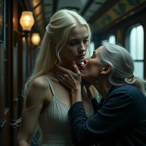 Blonde goddesss long slender throat squeezed by old woman, on the hogwarts express