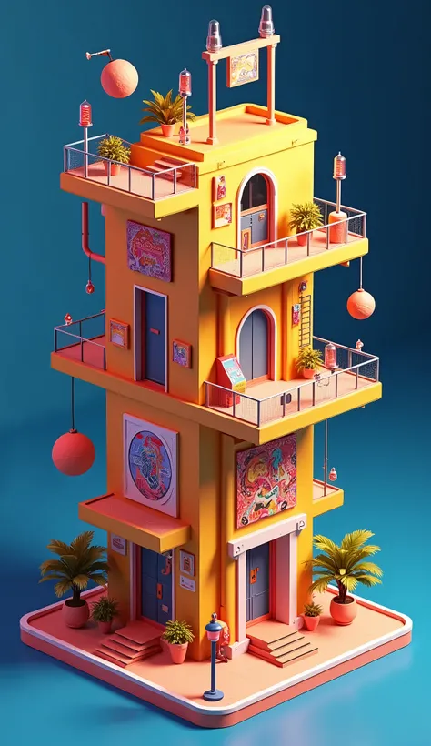 impossible arcade machine isometric salmon color (Art), floating 4 floors, Doors, windows, pipes, rack, arcade game elements, poster retro, lava lamps, outdoor lamps, science fiction and space, Very vibrant colors (details) contrast between intense yellow ...