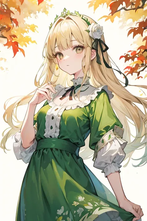 Girl　Rounded face　Dark brown eyes　Blonde long hair　A simple green dress　The background is the palace in late autumn　Watercolor style　Subdued color usage　watercolor paper