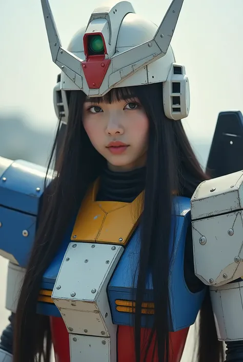 live-action、Real、Gundam&#39;s Armor、Gundam&#39;s body colors are white, red, blue, and yellow、Very beautiful Japanese girl、Black Hair、Straight Long Hair、Hime cut、Gundam Helmet、Gundam Backpack、Simple Background、masterpiece、Best Quality