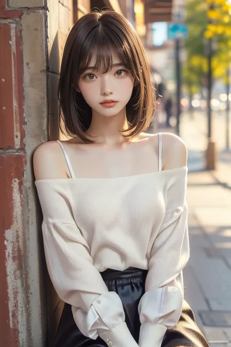 Looking Happy with me:1.2,date me,street,1 slim cute girl,flat chest,small breasts,medium hair,side_bangs,off_shoulder clothing,(top quality,Best quality,Realistic,photo realistic style,Masterpiece,ultra detailed,ultra high-resolution,8k,highest detailed s...