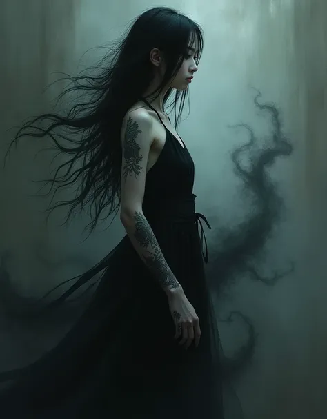 A hauntingly beautiful Japanese girl with piercing sharp eyes, adorned with subtle traditional tattoos on her porcelain skin, stands amidst a dark, eerie atmosphere, her slender figure enveloped by a swirling black mist that takes on a life-like human shad...