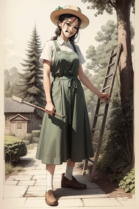 A gardener using a ladder to cut down a tall tree　SKETCHYな表現力豊かなLine art, Rough sketch, Color Screen Tones, SKETCHY, Line art!!, Extremely detailed, Smiling Woman, outline sketch, Sketch illustration