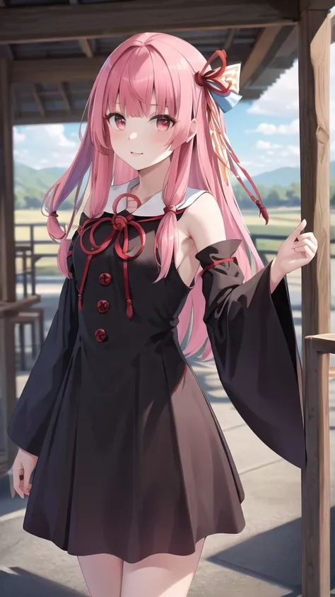 masterpiece, best quality, highres, ka1, pink hair, hair ribbon, black dress, detached sleeves, outdoors, standing, cowboy shot,