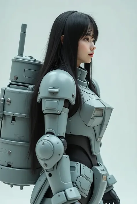 live-action、Real、Gundam&#39;s Armor、Light gray body color、Matte texture、Very beautiful Japanese girl、Black Hair、Straight Long Hair、Hime cut、Gundam Helmet、Gundam Backpack、profile、Simple Background、masterpiece、Best Quality