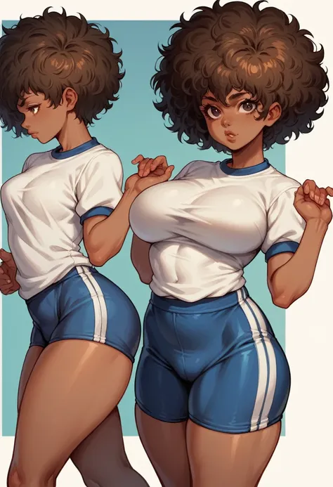 1 young girl, dark skin, ebony, breast, afro hair, messy hair, Brown hair, lips, curvy, anime style, blue bike shorts, White tshirt, very short pants, japanese gym uniform