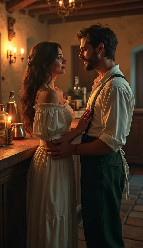 1 man and 1 girl,  standing pose, Full body , on floor, in Spanish inn counter, candle light, night, 16 century, Spanish, 1 Donkey hot story in princess girl , a  Spanish girl is 20 years old, (Highly detailed face, brown hair ,long hair, Brown eye , smile...