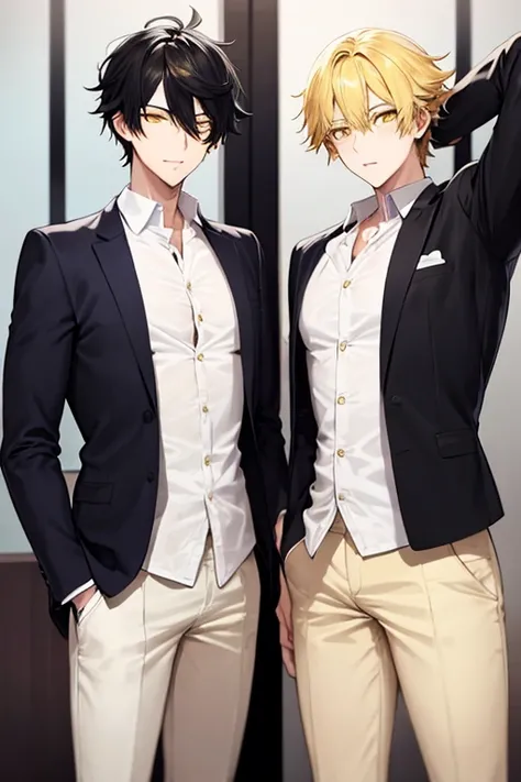 handsome 2 guy tall and sexy black hair with yellow streaks golden yellow eyes and pale smooth skin wears smart casual clothes
